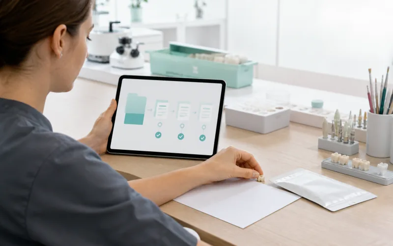 Eine Zahntechnik-Fachkraft verbindet Material und Auftrag an einem Tablet.