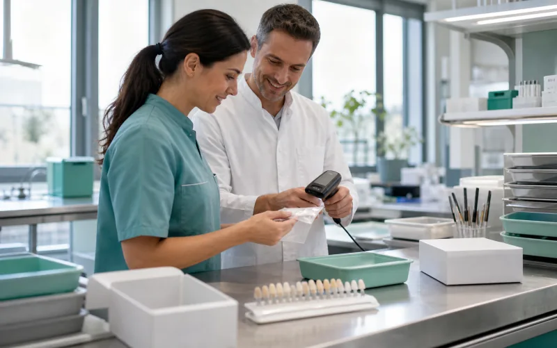 Zwei Mitarbeitende erfassen gemeinsam Material am Laborarbeitsplatz.