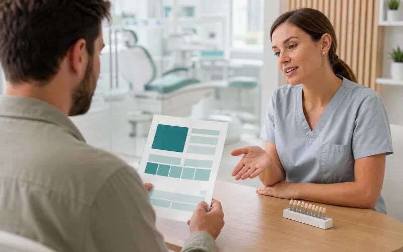 Ein Patient betrachtet seinen neutral gestalteten Materialreport im Gespräch.