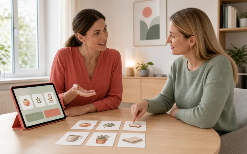 Eine Logopädin begleitet einen erwachsenen Klienten bei einer Benennaufgabe am Tablet.