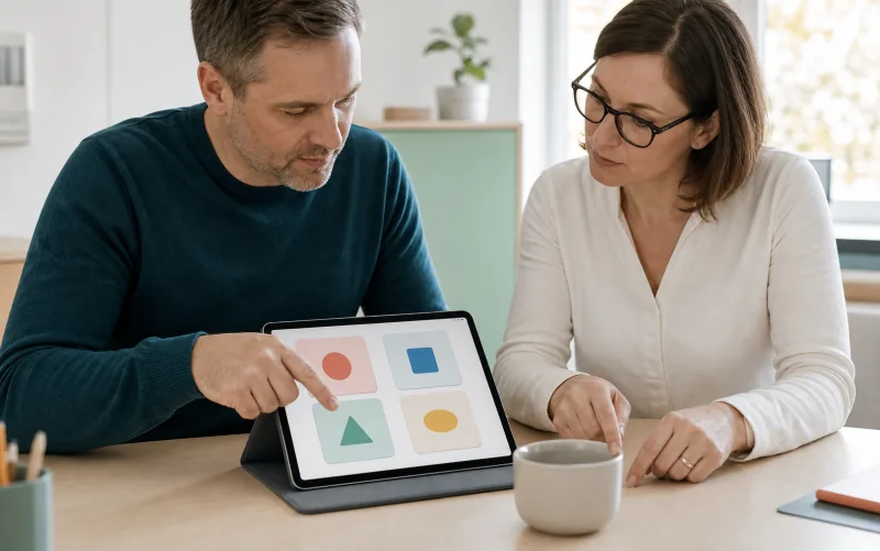 Ein erwachsener Klient und eine Therapeutin sortieren gemeinsam Kategorien am Tablet.