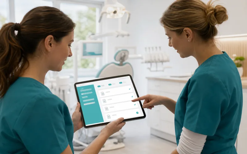 Zwei Mitarbeitende einer Zahnarztpraxis arbeiten gemeinsam mit einem Tablet.